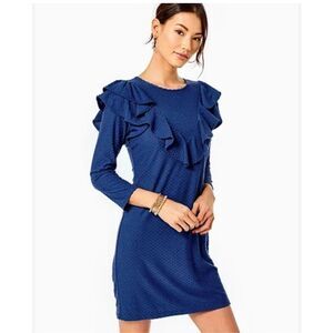 NWT Lilly Pulitzer Pheby Dress Oyster Bay Navy Ruffled Front Long Sleeve